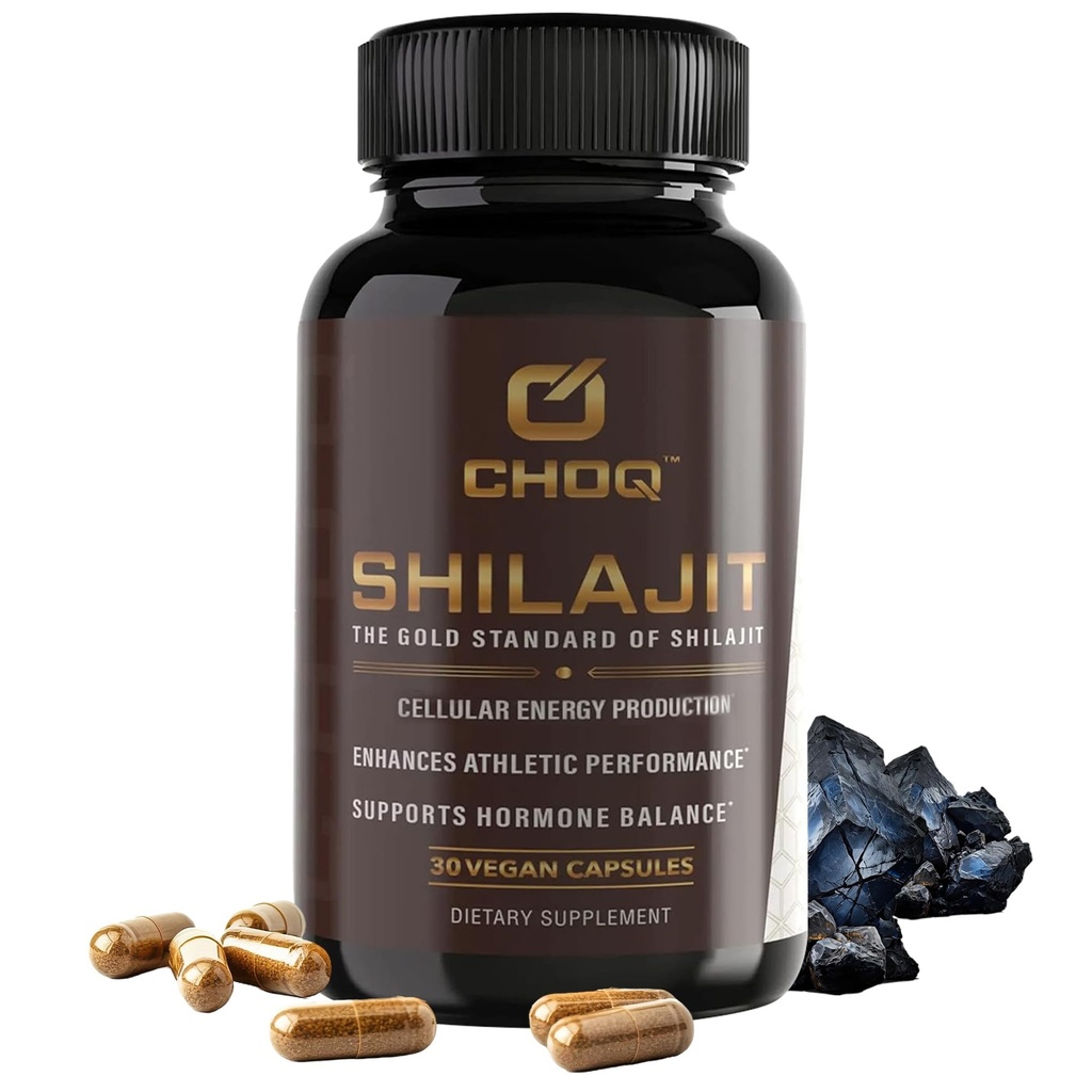CHOQ® Shilajit - Plus de 50 % d'acide fulvic, 500 mg de gélules véganes, énergie, cerveau, focus, collagène, hormones, fonction mitochondriale, urolithine A, test en laboratoire