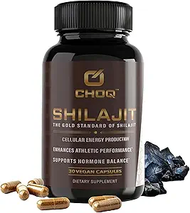 CHOQ® Shilajit - Plus de 50 % d'acide fulvic, 500 mg de gélules véganes, énergie, cerveau, focus, collagène, hormones, fonction mitochondriale, urolithine A, test en laboratoire