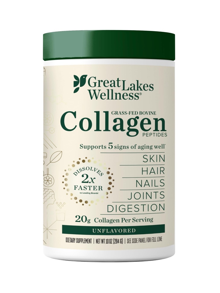 Great Lakes Wellness Collagen Peptides Poudre pour la peau, les cheveux, les ongles, les articulations et la digestion - Non aromatisé - Dissoudre rapidement Hydrolysé, non-OGM, Keto, Kosher - 10 oz