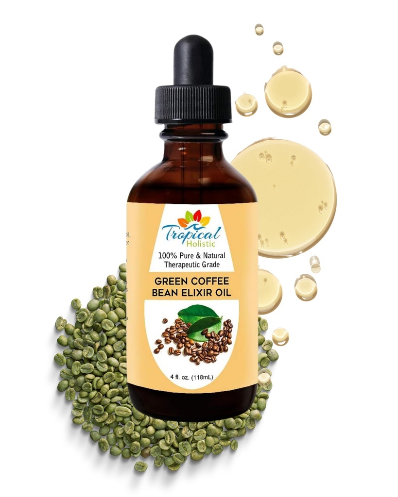 Tropical Holistic Green Coffee Bean Elixir Oil, 4 oz – Coffee Body Oil Blend with Grapeseed, Sweet Almond & Hemp Oil – Moisturizing Massage Oil for Soft Skin
