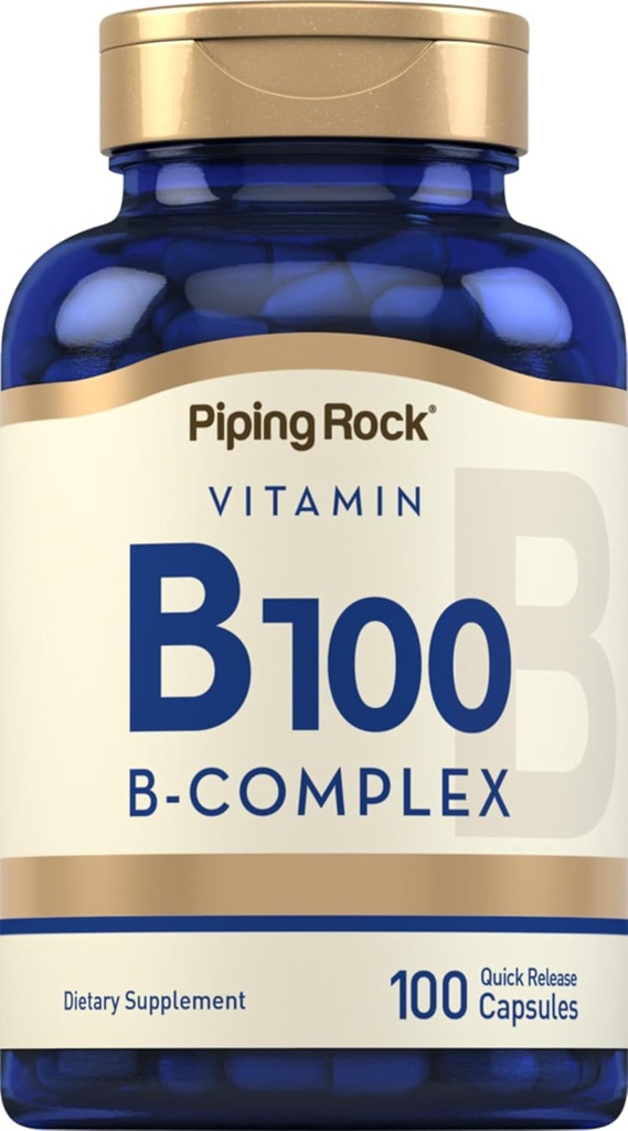 Piping Rock Vitamin B-100 Complex | 100 Capsules | Vitamins B12, B1, B2, B6 | Non-GMO, Gluten Free Supplement