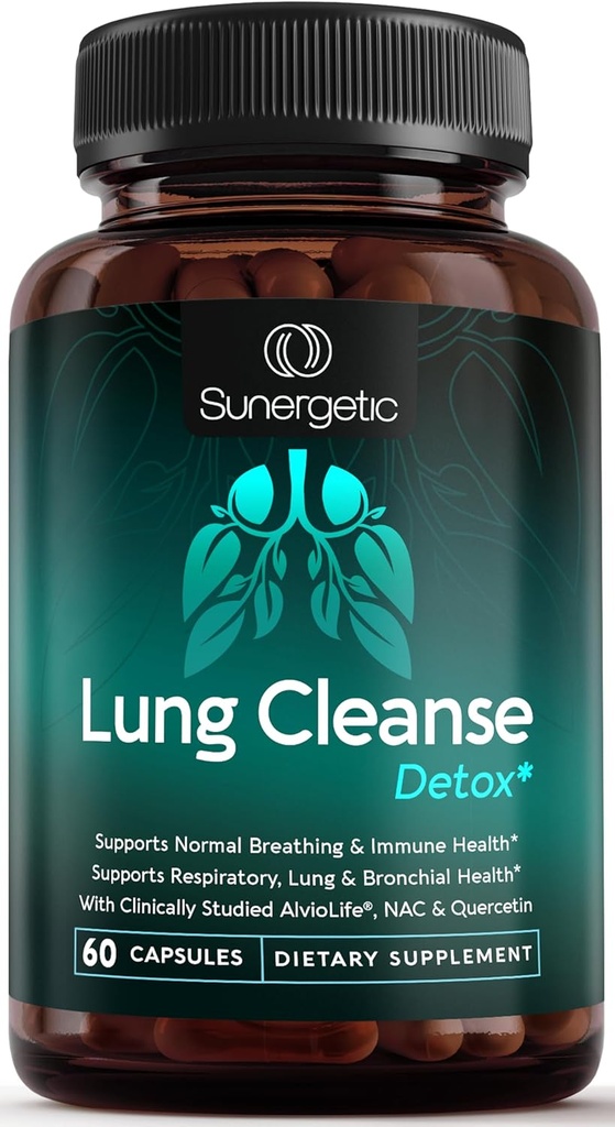Sunergetic Premium Lung Support Supplément - Lung Cleanse & Detox Supplément avec Mullein Leaf, NAC, Bromelain & Boswellia-Lung Formule santé pour la santé respiratoire, respiratoire et bronchique-60 Capsules