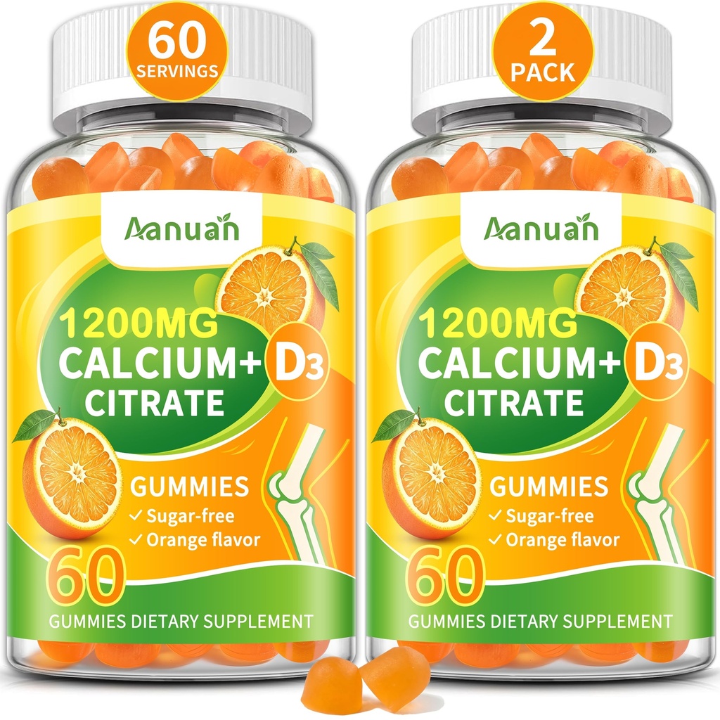 (2 Pack) Calcium Citrate 600-1200 mg with Vitamin D3 Gummies for Women Men | Calcium Supplements For Bone & Teeth Support, High Absorption, Easy to Digest, Sugar Free, Vegan, Orange Flavor,60 Day Supply