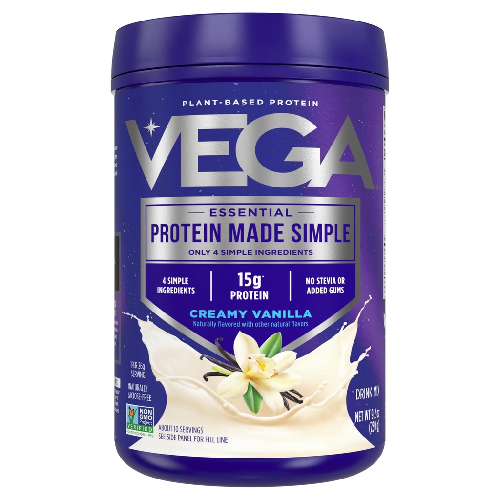 Protéines Vega en poudre de protéines simples, Vanille - sans Stevia, végétalien, à base de plantes, sain, sans gluten, protéines de pois pour les femmes et les hommes, 9,2 oz (paquetage mai Vary)