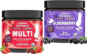Llama Naturals Kids Multivitamine Gommies + Gommies de mûres aînées Ensemble de sucre non ajouté Cane de sucre