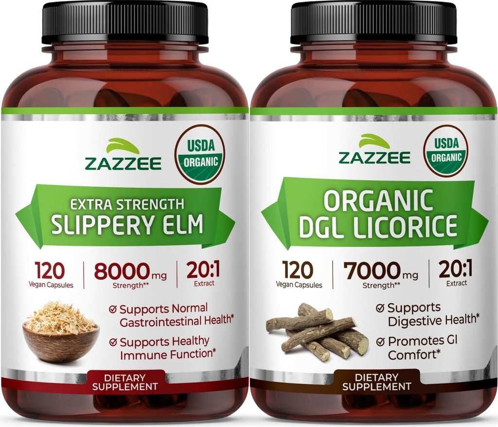 Zazzee USDA Organic Gut Lining Support Bundle | 20:1 DGL Licorice Root Plus 20:1 Slippery Elm Capsules | Non-GMO Vegan & ISO Lab Tested (120 Servings Each)