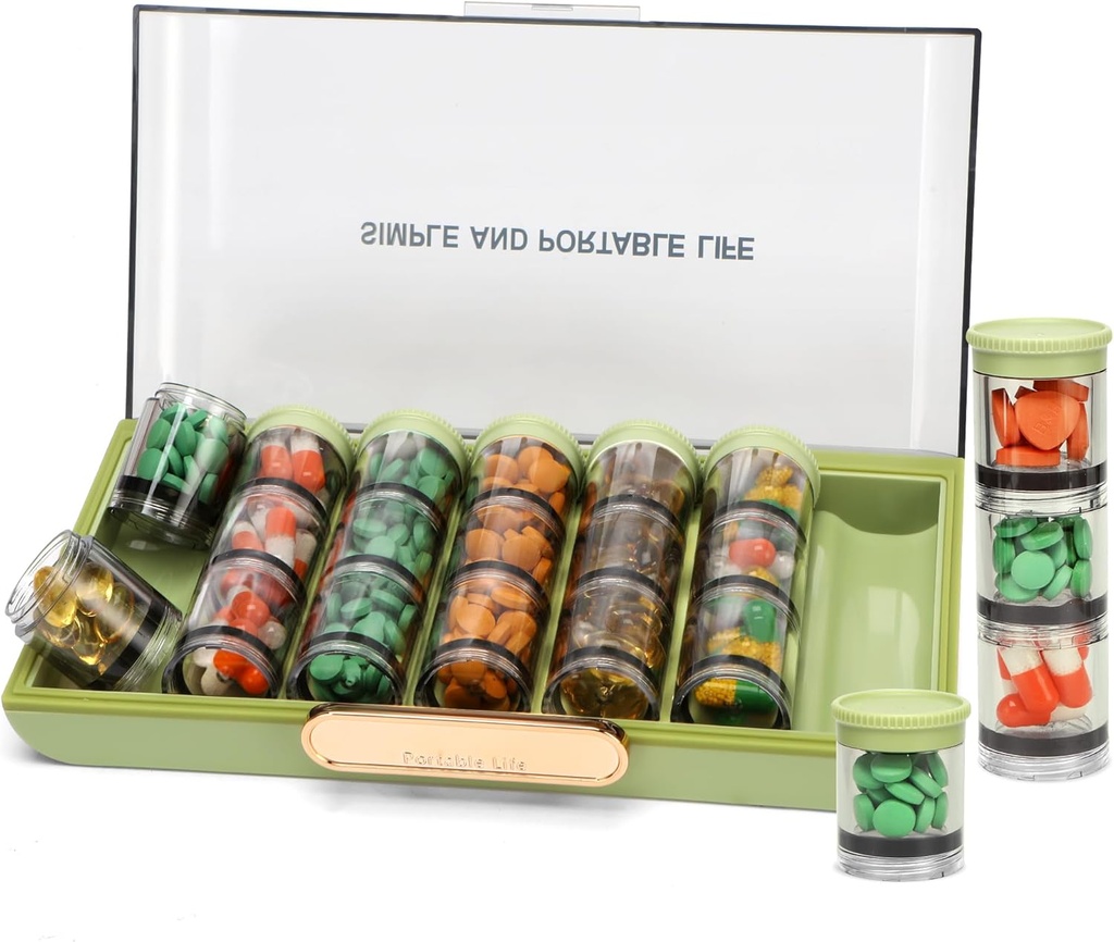 Organisateur de pilules Toplive, Organisateur de pilules de médecine, Boîte de pilules de voyage 7 jours, Cas de pilules, grand porte-conteneur hebdomadaire de pilules pour l'huile de foie de morue de vitamine, vert