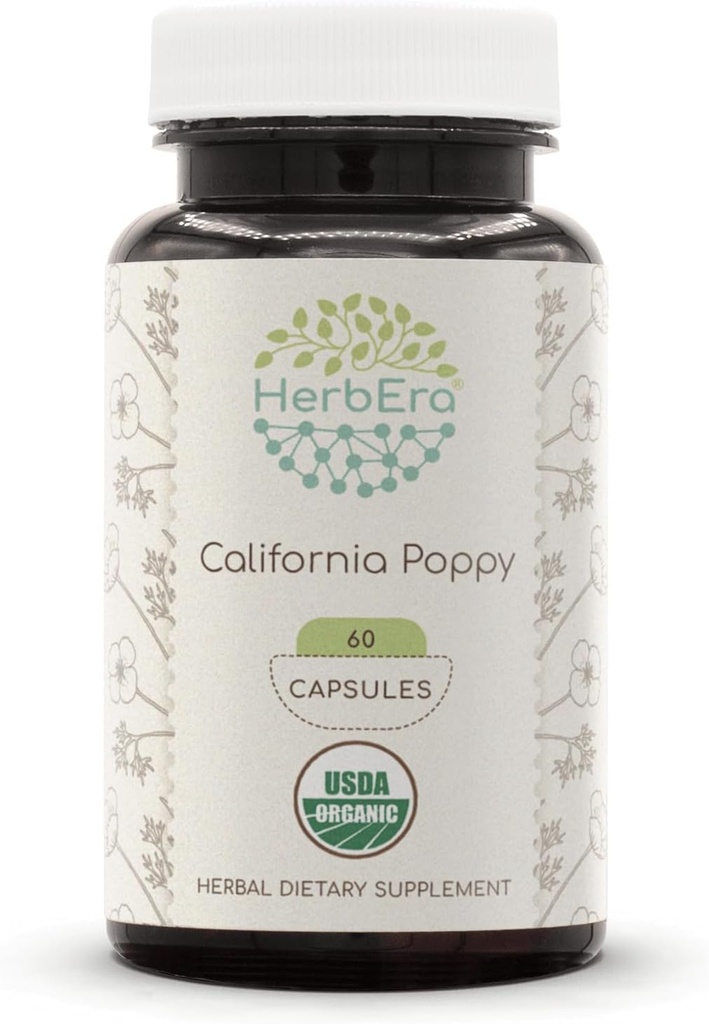 HerbEra California Poppy 60 Capsules, 800 mg, Fabriqué avec du Poppy California Bio USDA (Eschscholzia Californica) Herb et Fleur séchées (60 Capsules)