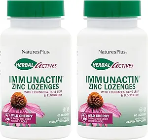 NaturesPlus Herbal Actives ImmunActin - 60 Zinc Lozenges, Pack de 2 - Saveur de cerise sauvage - Soutient la santé immunitaire - avec Echinacea, Elderberry & Olive Leaf - Sans gluten - 120 portions totales