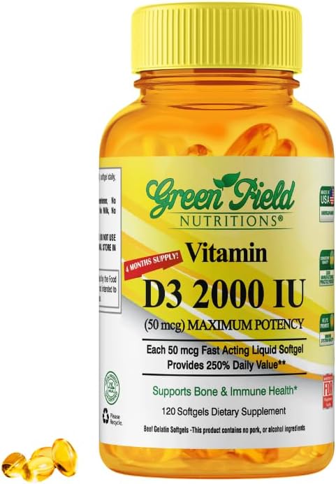 Greenfield Nutritions Vitamine halal D3 2000 UI Softgel - 50 mcg High Potency D3, 120 Mini Softgels non aromatisés - Vitamines halales D avec gélatine de boeuf halal, soutient les dents ignifugées Cerveau et cheveux