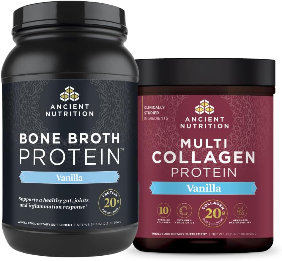 Ancient Nutrition Bone Broth Protein Powder, Vanilla, 40 Servings + Multi Collagen Protein Powder, Vanilla, 60 Servings