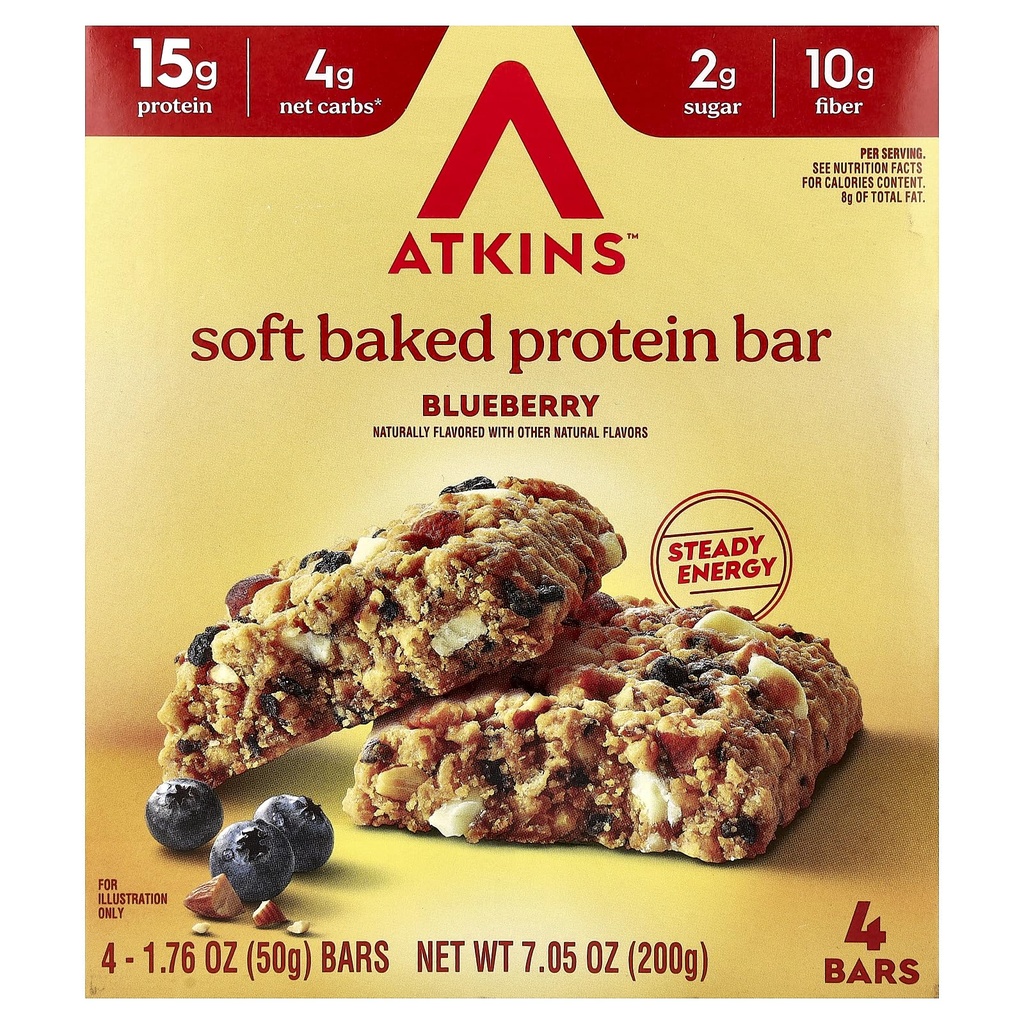 Atkins Soft Baked Energy Bars, Blueberry, 15g Protein, Excellent Source of Fiber, 2g Sugar, 4 Count (Pack of 1)