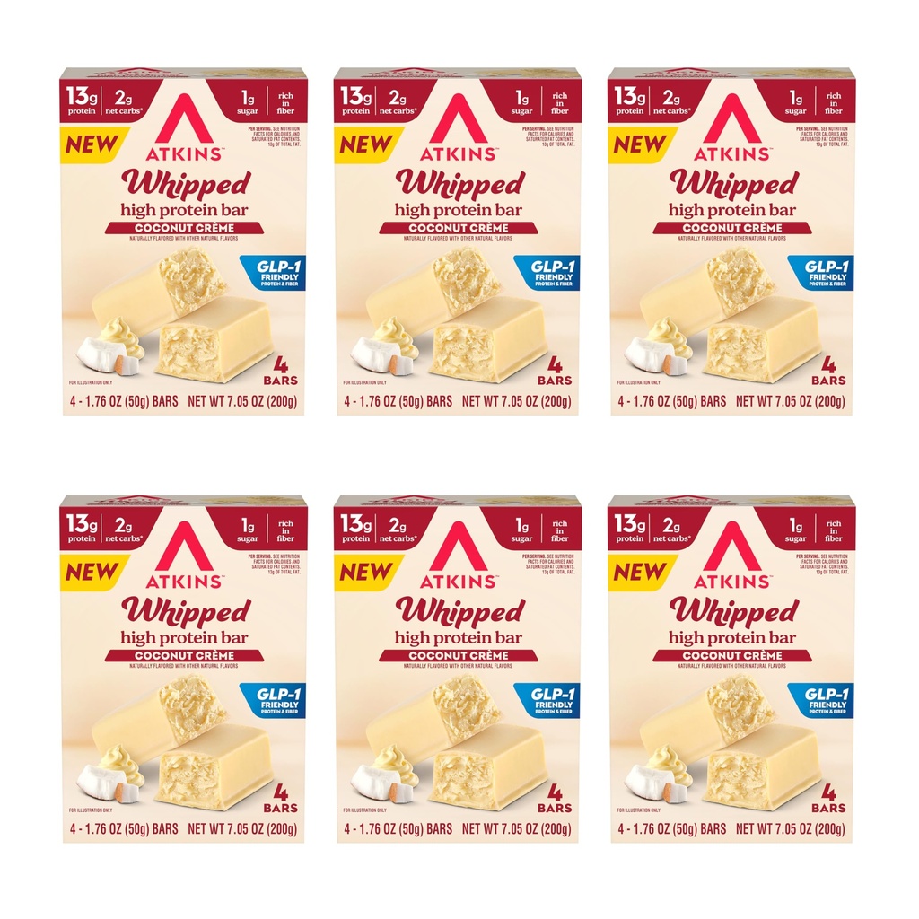 Atkins Whipped Bars, Creamy Coconut Flavored, 13g of Protein, GLP-1 Friendly Protein and Fiber, 24 Count
