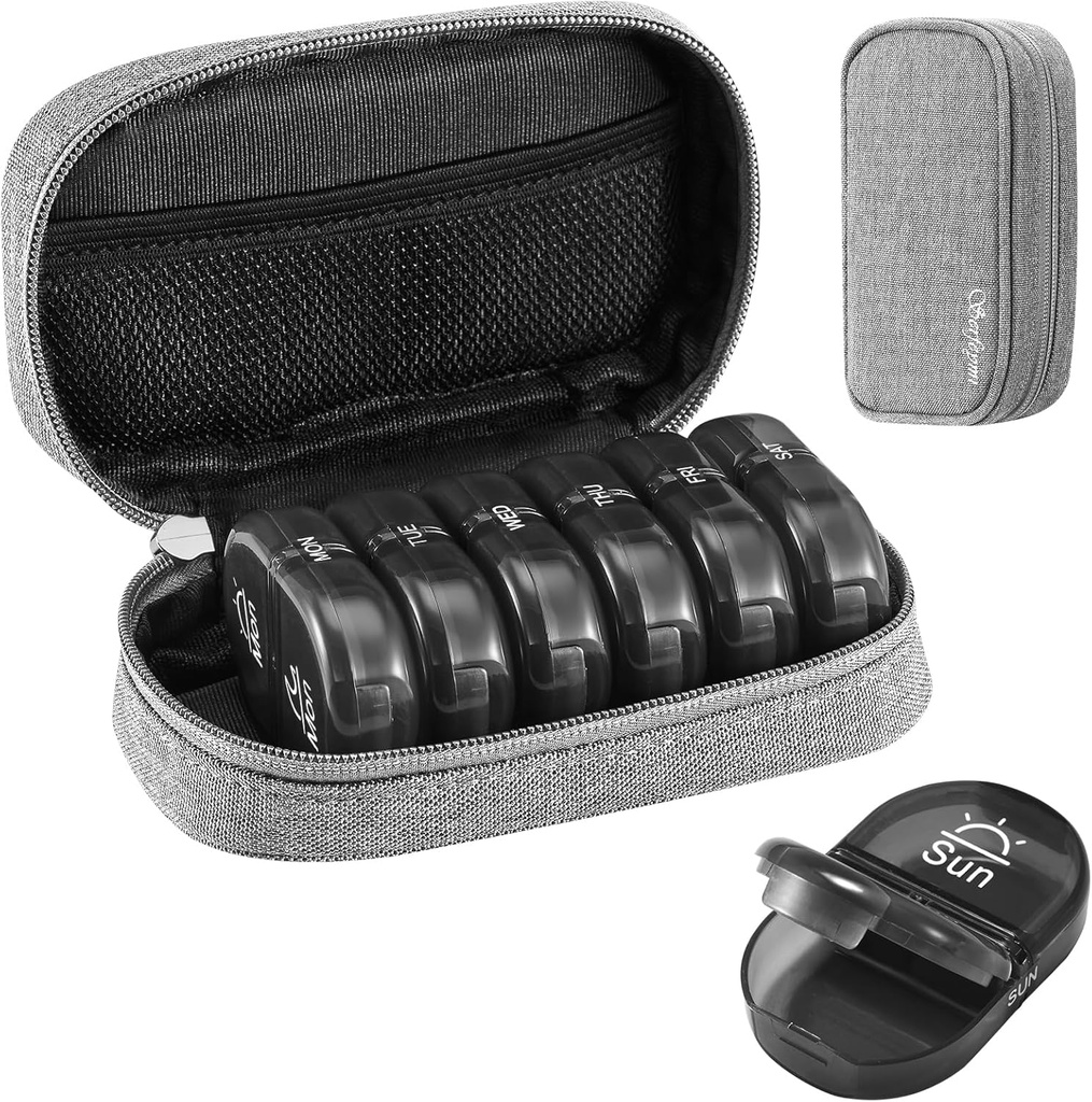 Serfeymi Weekly Travel Pill Organizer 2 fois par jour AM PM Upgraded Black Pill Box 7 Day with Portable Zipper Canvas Pill Case, organisateur de médicaments pour les pilules, vitamines, suppléments, huiles de poisson - Gris 01