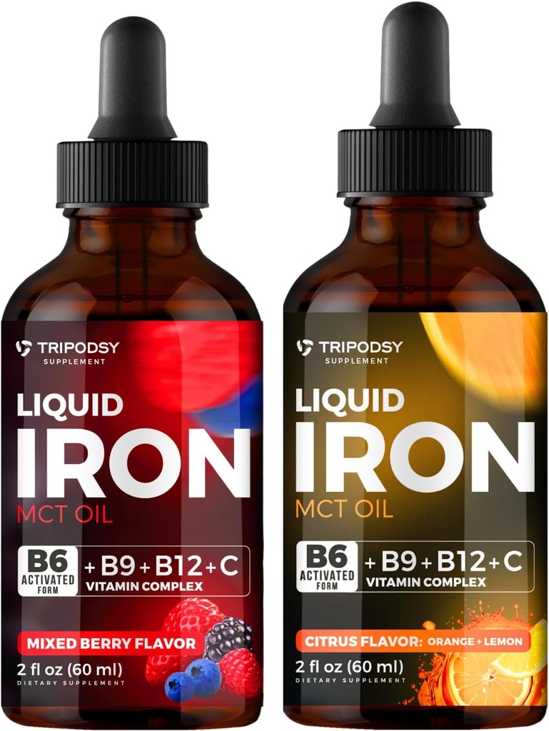 Supplément en fer liquide, gouttes de fer, femmes et hommes, B6, B9, B12, Vitamine C, Anémie, Constructeur de sang, Folate, Cellule de sang rouge, Soutien immunitaire, Huile MCT, Citrus, Berry mixte