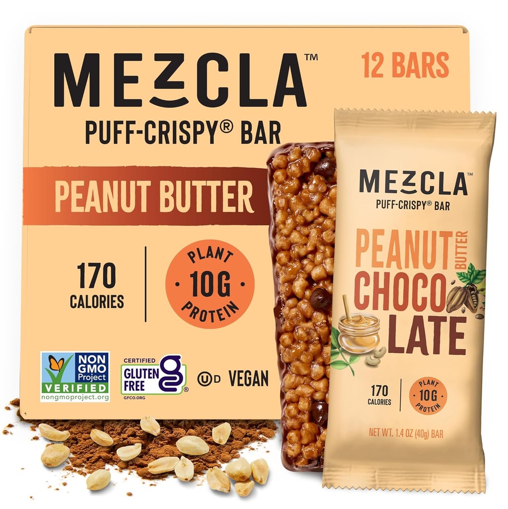 Barres protéinées croustillantes Mezcla Puff, Barres protéinées sans gluten et végétaliens, 10g de protéines, Alt pour le riz croustillant, Barres Granola et Bars de petit déjeuner, Snacks sains pour les adultes, Chocolat au beurre d'arachide, 12 Pack