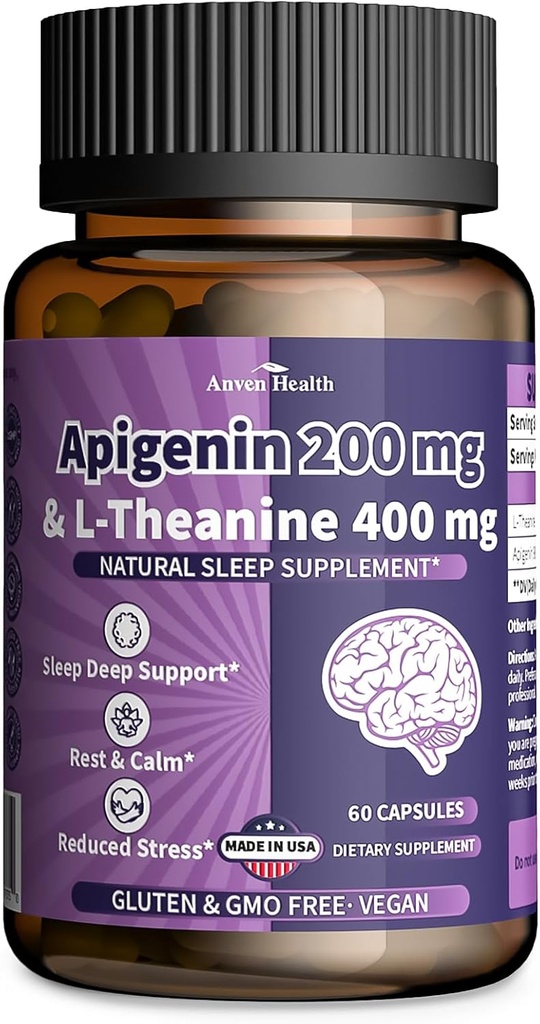 400mg L-Theanine avec 200mg Supplément Apigenin pour la relaxation naturelle du sommeil et le soulagement du stress - sans gluten, sans OGM, sans remplissage - Fabriqué aux États-Unis