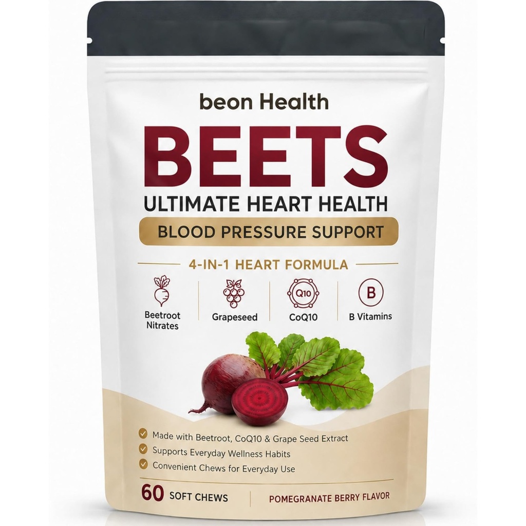 BeonHealth Beet Chews, Supports Antioxidant, Circulation & Energy, with 500mg Beetroot, CoQ10 & Grape Seed Extract, Pomegranate Berry Flavor, 60 Chews