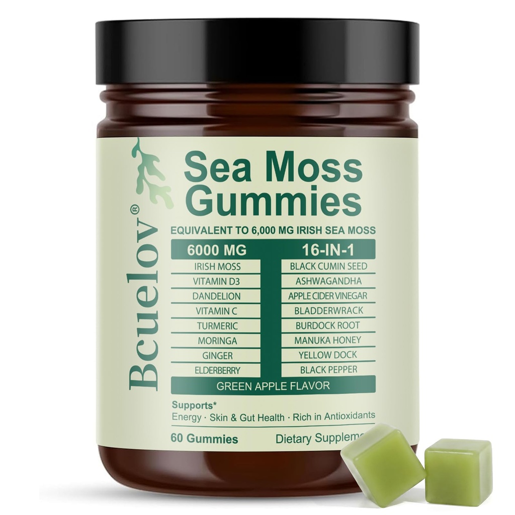 Sea Moss Gummies, 16-in-1 Blend with Ashwagandha, Black Seed Oil, Bladder Wrack, Turmeric, Vitamin C & D3, Manuka Honey, Burdock Root, Dandelion, Yellow Dock, Elderberry - Green Apple Flavor