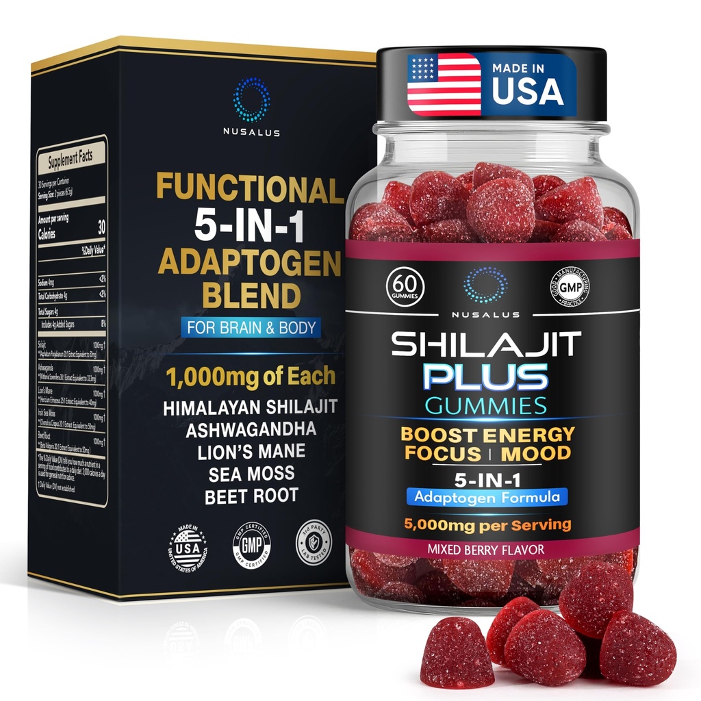 Shilajit Plus Gummies 5-in-1 Adaptogen Energy & Focus Supplement | Shilajit, Ashwagandha, Lion's Mane, Sea Moss & Beet Root | Natural Energy & Stress Support | Made in USA, Vegan, 60 Count