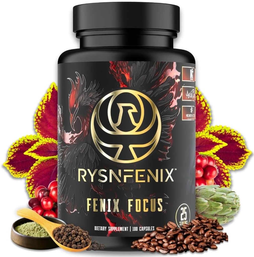 Fenix Focus – Formule Nootropique Premium avec Caféine (Fast & Slow), L-Theanine, B12, Tyrosine, Choline, Artichaut – 100 Capsules