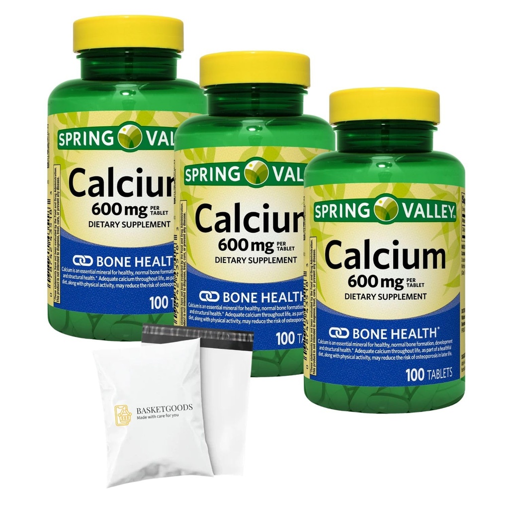 Spring - Valley Calcium 600mg Natural Bone Health Calcium - 100 Tablets Pack of 3 - Set By Basket Goods