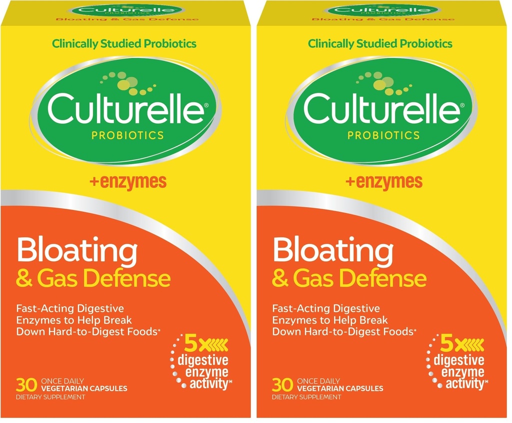 Culturelle Bloating & Gas Defense, Digestive Enzymes & Probiotics for Digestive Health, 30 Capsules, Supports Occasional Indigestion & Discomfort, (Pack of 2)