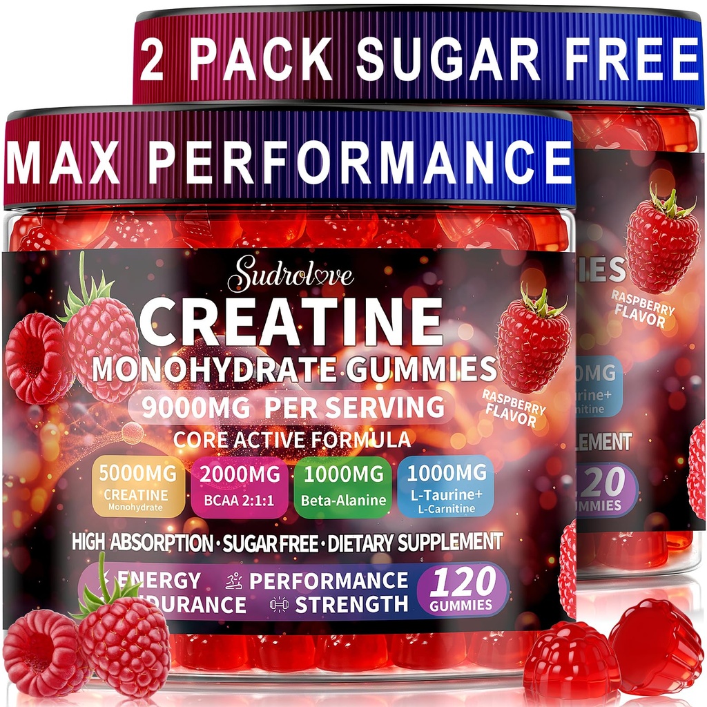 Creatine Monohydrate Gummies with BCAA, Beta-Alanine, L-Taurine, L-Carnitine, Vitamins B6 & B12, Raspberry Flavor, Pre Workout Chewable Supplement for Men & Women, 120 Count