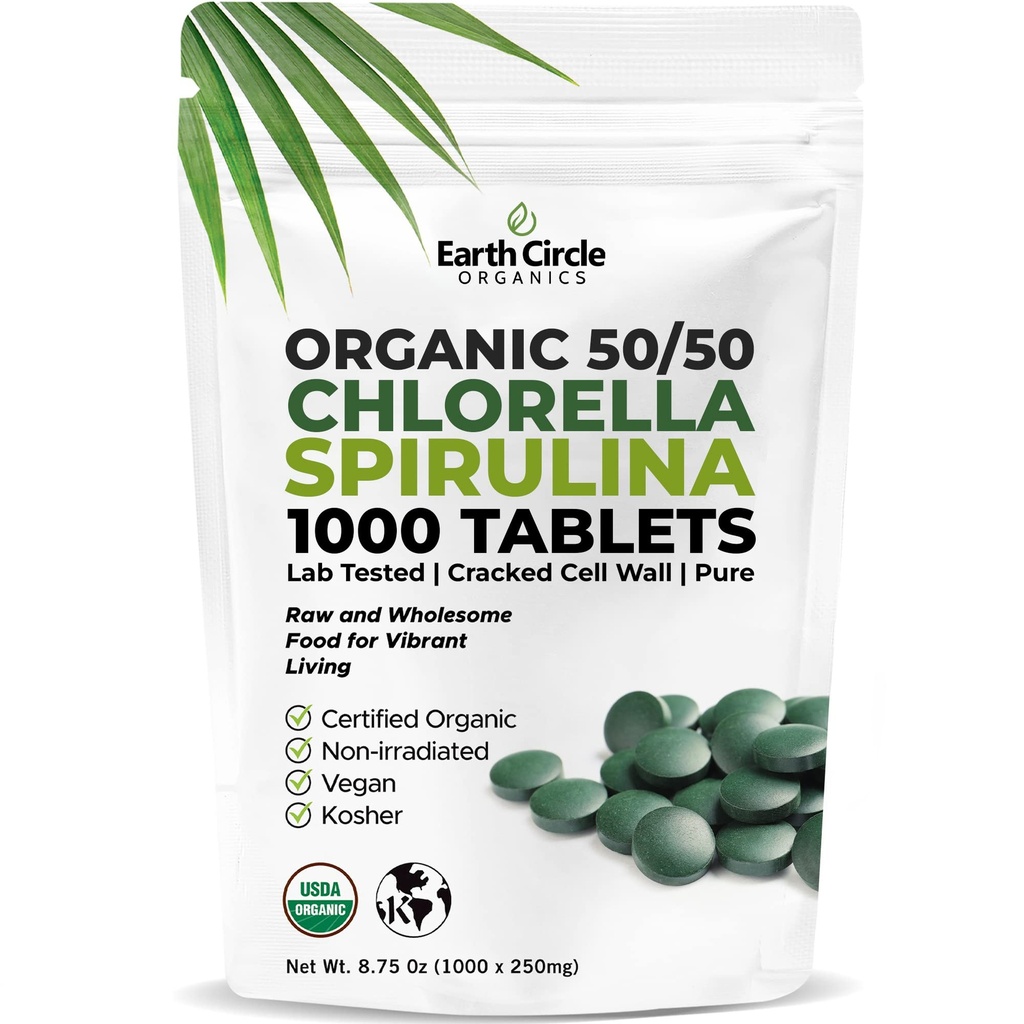 Premium Organic Chlorella / Spirulina Tablets 1000 Count (50/50) | Vegan, Kosher Green Algae Superfood | Cracked Cell Wall for Maximum Absorption | High in Protein, Iron, Chlorophyll - Pack of 1