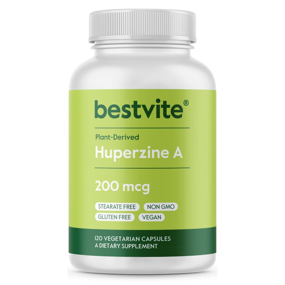 BESTVITE Huperzine A 200mcg de Huperzia Serrata (120 capsules végétariennes) - Pas de stéarates - Pas d'agents de flux - Vegan - Non OGM - Sans gluten - Forme supérieure de l'huperzine A