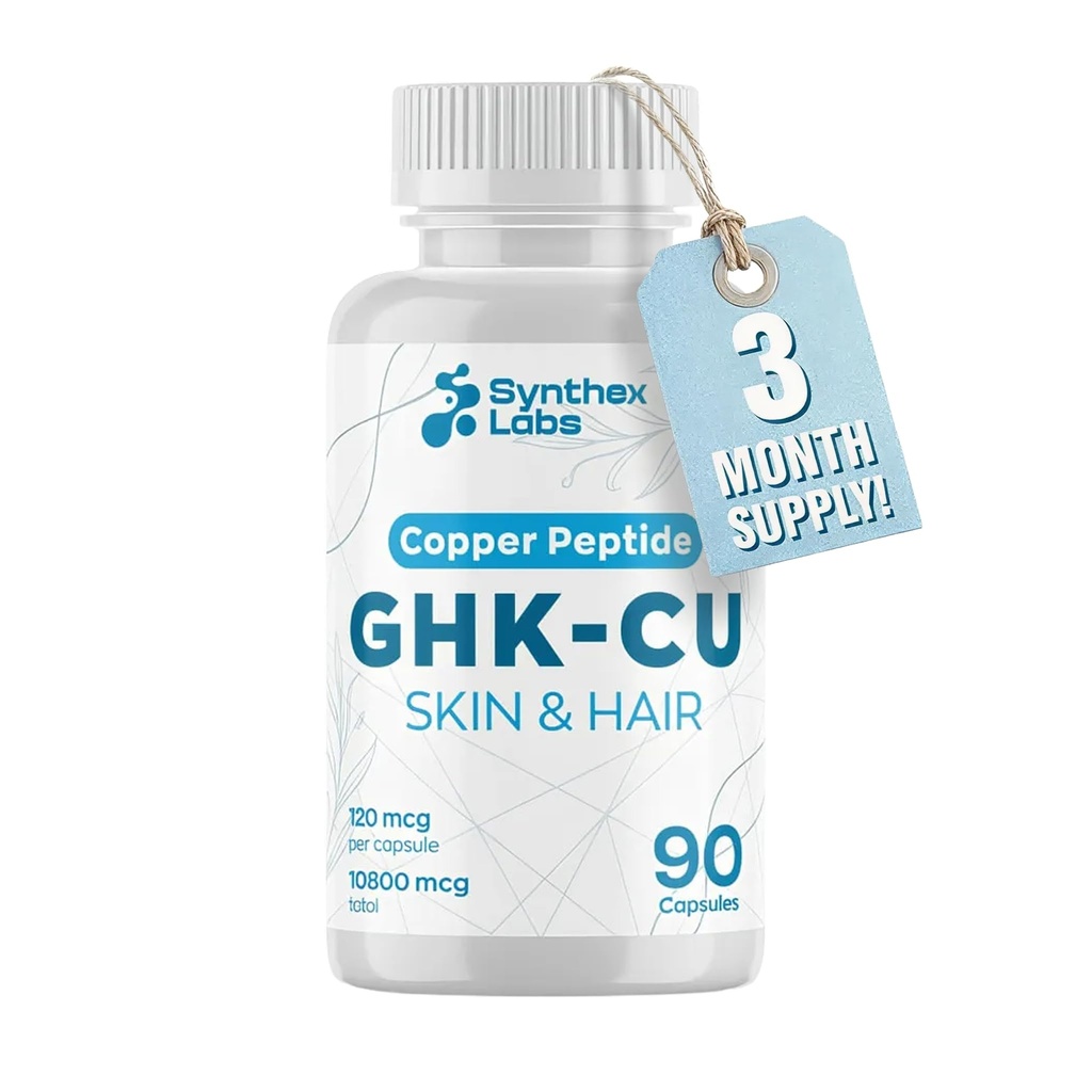GHK-Cu Copper Peptide Supplement, 120 mcg for Skin & Hair | Anti-Aging & Improves Skin Elasticity | Maximum Absorption | 3 Month Supply