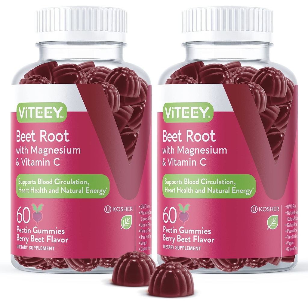 Gommies de racines de betteraves avec magnésium et vitamine C - Supplément de betteraves pour la santé cardiaque, soutien de la pression artérielle - Vegan, sans gluten - 120 Compte