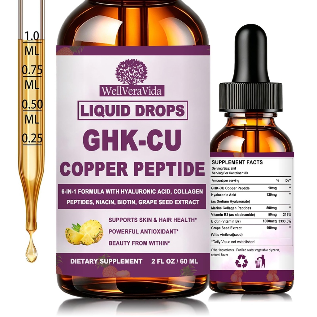 GHK-Cu Peptide Liquid Drops, Copper Peptide Supplement w/ Collagen & Biotin | Extra Strength Hyaluronic Acid, Support Skin Elasticity & Hair Growth, Superior Oral Ghk Cu Liquid Drops for Women & Men, 2Oz