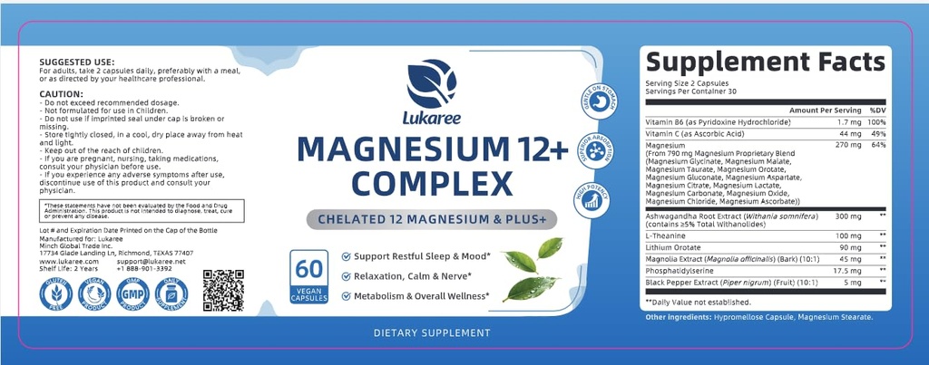 Lukaree Magnesium Complex 700mg-12 in 1 Magnesium Supplement w/L-Theanine & Lithium orotate for Sleep, Calm Mood, Muscle & Nerve Support* | Magnesium for Women and Men, Vegan, 60 Count
