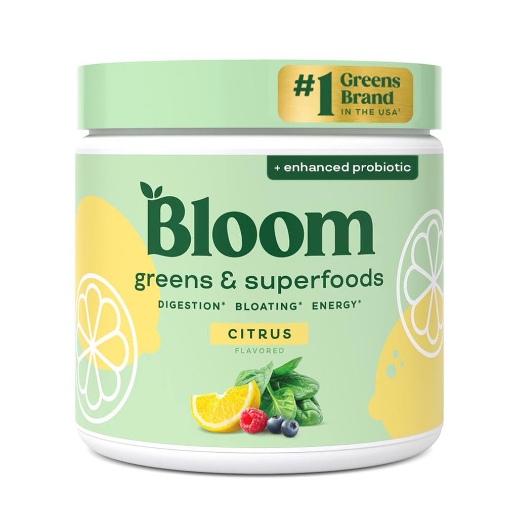 Bloom Nutrition Superfood Greens Powder, Digestive Enzymes with Probiotics and Prebiotics, Gut Health, Bloating Relief for Women, Chlorella, Green Juice Mix with Beet Root Powder, 30 SVG, Citrus