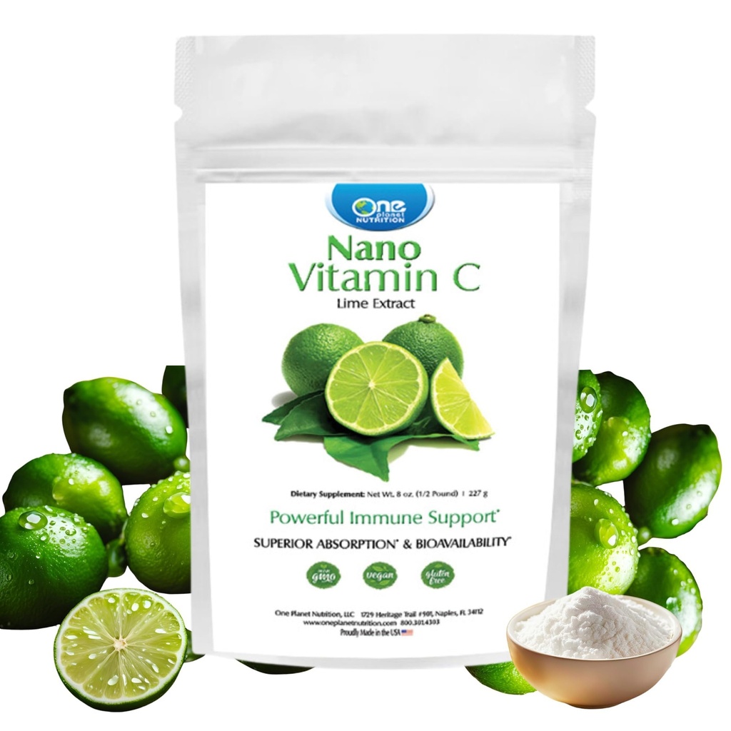 One Planet Nutrition Nano Vitamin C Powder 8 oz (227 Servings) - Nano-Particle Size Ascorbic Acid from Lime Extract - Supports Collagen Production & Immune Health - Non-GMO, Vegan