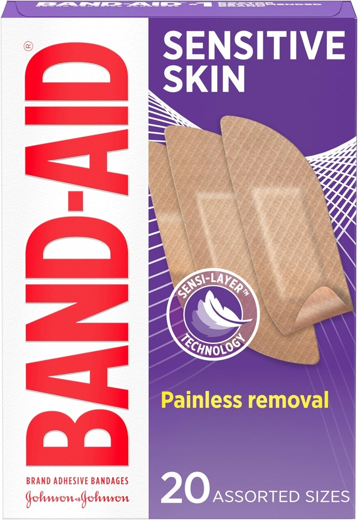 Bande adhésive de marque Band-Aid pour peau sensible, bandes de premiers soins hypoallergéniques avec élimination sans douleur, reste sur quand humide et approprié pour la peau Prone Eczema, stérile, assorties, 20 ct