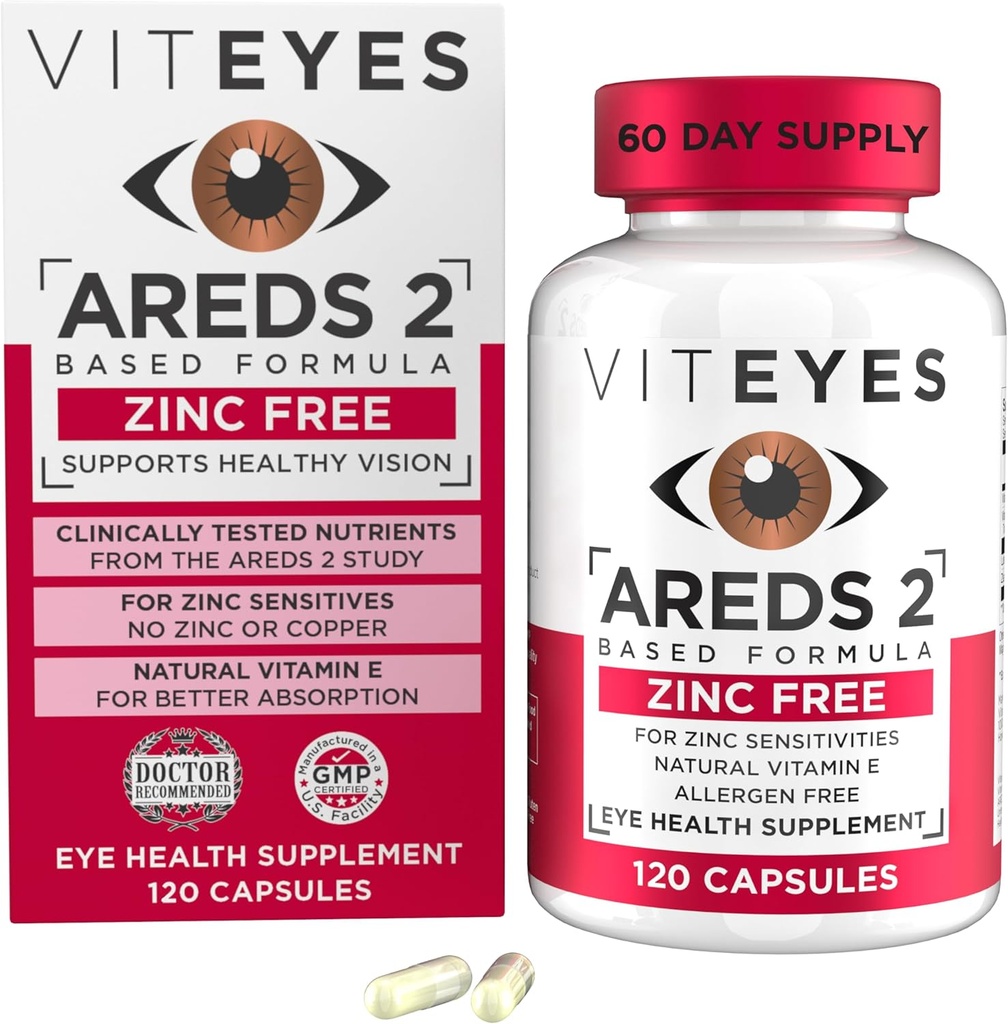 Vityeyes AREDS 2 Support Maculaire sans zinc, Capsules naturelles sans allergène avec vitamine E, vitamine C, lutéine et zéaxanthine, sans zinc, sans cuivre, sans médecin des yeux, fabriqués aux États-Unis, 120 Ct