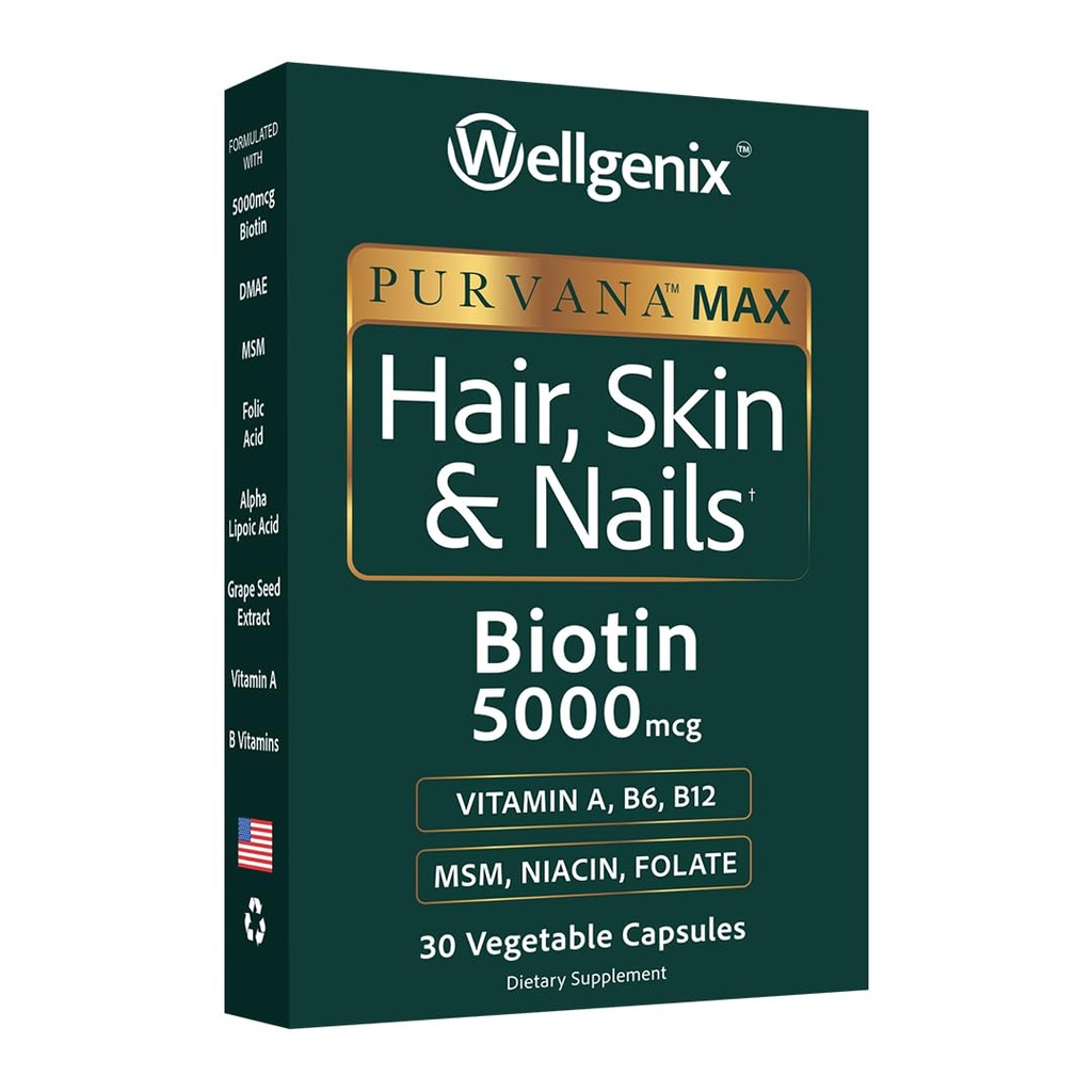 Wellgenix Purvana Max Vitamine des cheveux, de la peau et des ongles - Biotine double résistance 5000 MCG, VIT A & B, acide folique, extrait de graines de raisin - Supplément de soutien des cheveux -30 capsules (paquet de 1)