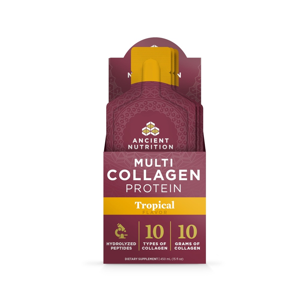 Ancient Nutrition Multi Collagen Protein Gel with Probiotics & Vitamin C, Hydrolyzed Collagen Peptides for Skin, Hair, Nails, Joints & Gut Health, Tropical, 15 Packets