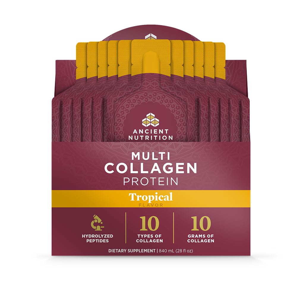 Ancient Nutrition Multi Collagen Protein Gel with Probiotics & Vitamin C, Hydrolyzed Collagen Peptides for Skin, Hair, Nails, Joints & Gut Health, Tropical, 28 Packets