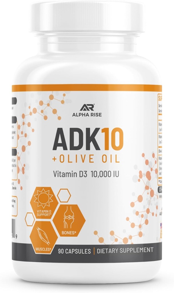 ADK 10 Supplément de vitamine + huile d'olive pour une meilleure absorption - avec les vitamines A + D3 (10 000 iu) + K2 (MK7+MK4) - 90 Capsules - Végétarien - Non-OGM