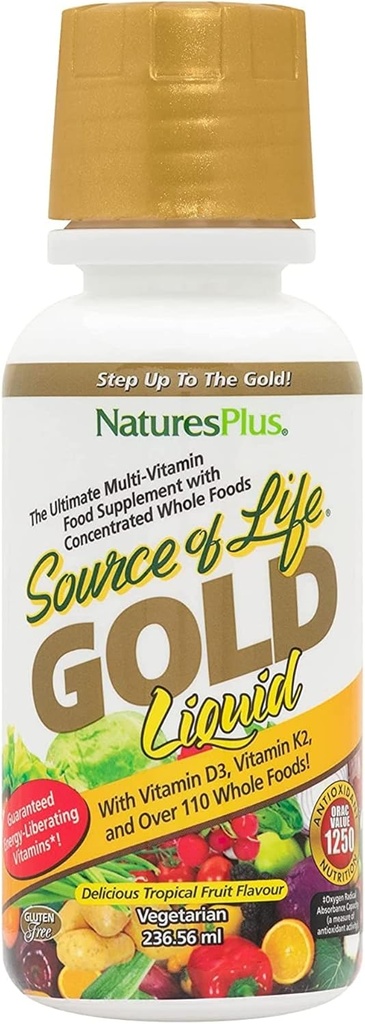 Natures Plus Source of Life Gold Multivitamin Liquid - 8 oz - with Vitamins D3, B12 & K2 - Blood, Bone & Immune Support - Vegetarian & Gluten Free - 8 Servings