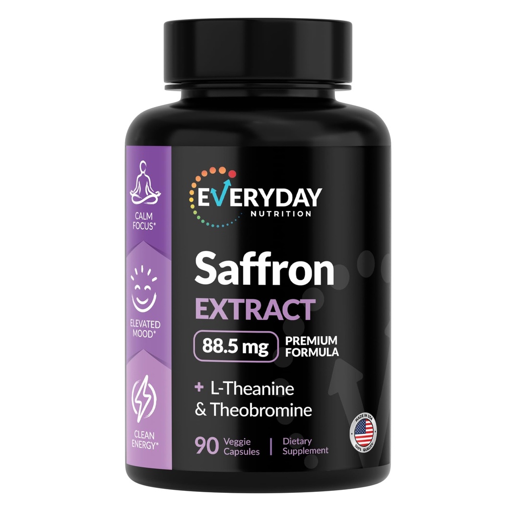 Saffron Extract Supplement 88.5mg + L-Theanine & Theobromine – Mood Support, Stress & Anxiety Relief, Focus & Energy – Premium Saffron Complex – 90 Vegan Capsules