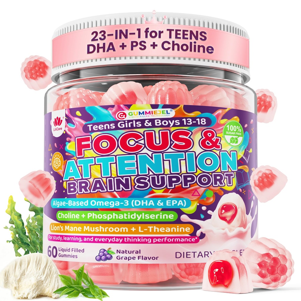 LILICARE Teen Brain Focus Gummies with Omega-3 DHA, Lion's Mane Mushroom,PS | 23-IN-1 Advanced Teens Brain Formula Helps Support Focus, Memory & Mental Performance for During School, Study & Exams