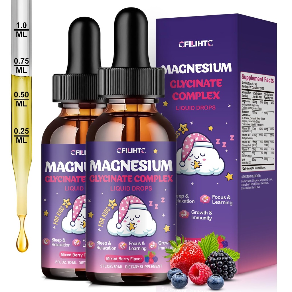 2 Pack Magnesium Glycinate Liquid for Kids - Magnesium Bisglycinate Drops with L-Theanine, Chamomile & Vitamin B6, B12, C, D3 for Sleep, Relaxation, Immune Support, Calm & Focus - 4 Fl Oz, Mixed Berry
