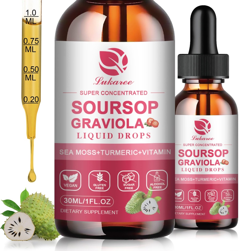 (2 Pack) Soursop Graviola Leaf Extract Liquid Drop Plus Pure Botanical Sea Moss for Cell Support & Regeneration, Immunity and Gut Health, Soursop Bitters Liquid丨Full Texture,Strawberry Flavor,1 Fl Oz
