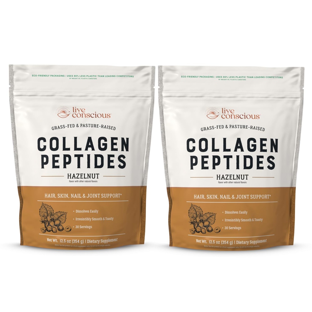Live Conscious Collagen Peptides Powder - Hazelnut Collagen Powder - Hair, Skin, Nail, & Joint Support - Type I & III Grass-Fed Collagen Supplements for Women and Men - 30 Servings (2-Pack) - 12.4oz