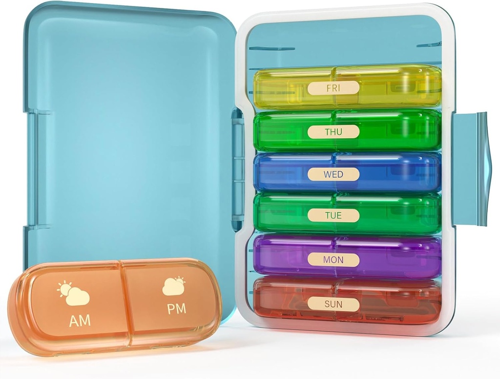 Organisateur hebdomadaire de pilules 2 fois par jour, boîte à pilules de 7 jours 2 fois, portable pour le cas de pilules de voyage pour les pilules/vitamines/huile de poisson/médication/compléments (2x7 Bleu+Rainbow)