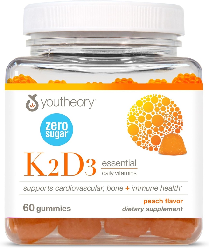 Youtheory K2D3 - Bone & Heart Health Support* - Combines Vitamin D3 & Vitamin K2 - Dairy, Soy & Gluten Free - Peach, 60 Vegetarian Gummies